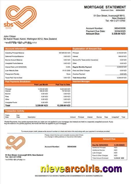 New Zealand SBS Bank mortgage statement Word and PDF template
